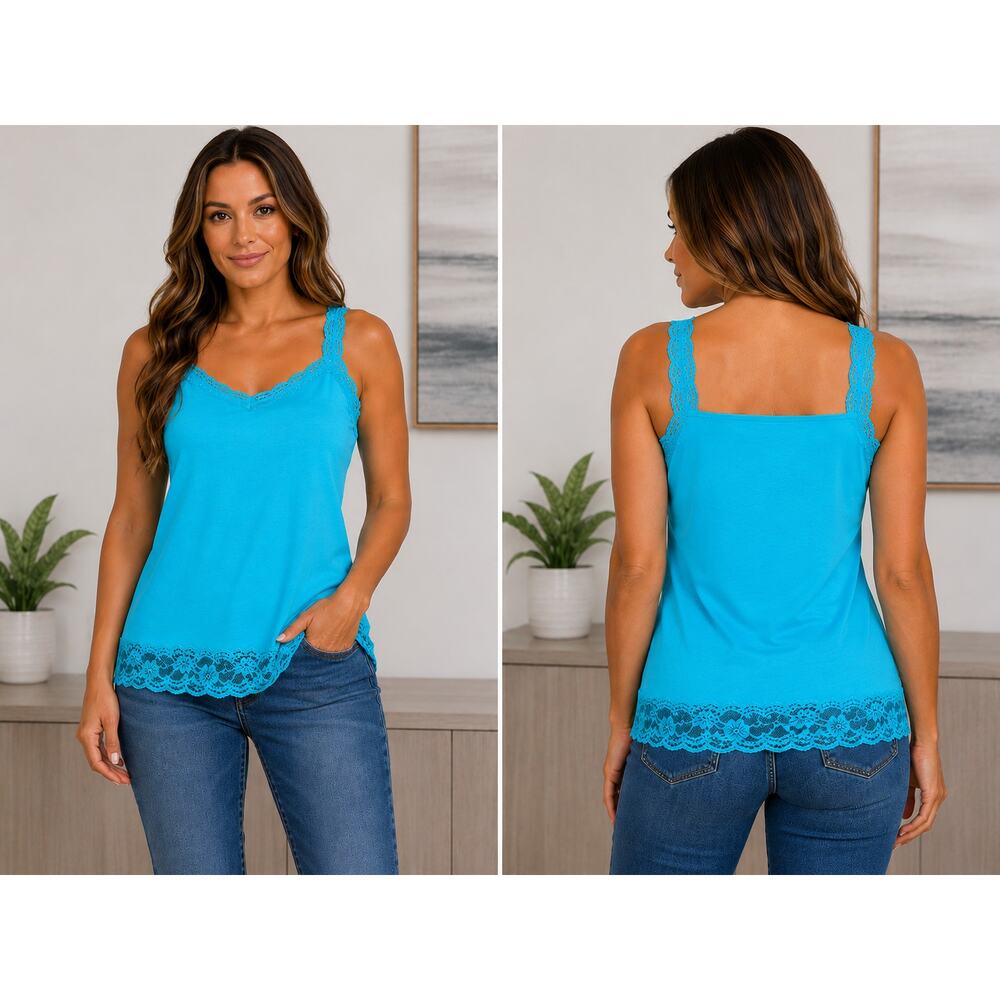 Eyeshadow Teal Lace Trim Tank Top Medium Boho Stretch Layering Cami Sleeveless